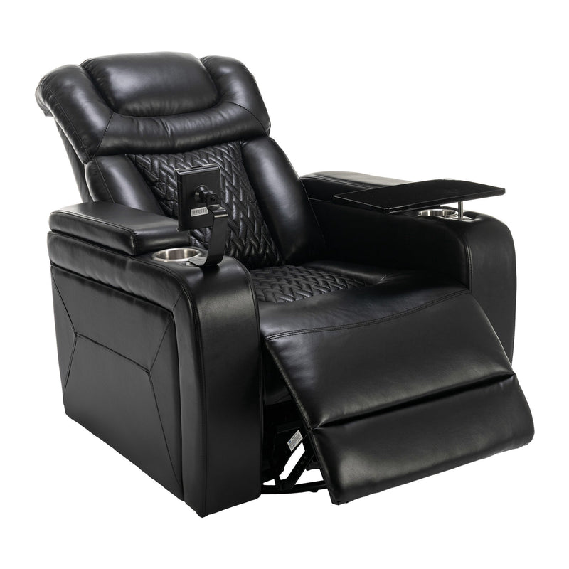 270 Degree Swivel PU Leather Power Recliner Individual Seat Home Theater Recliner with Comforable Backrest, Tray Table, Phone Holder, Cup Holder, USB Port, Hidden Arm Storage for Living Room, Black