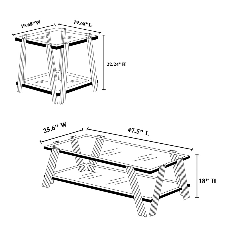Modern Stainless Steel Coffee Table Set (Set of 2), Double-Layer Clear Tempered Glass Table Top, Coffee Table & End Side Table 2-Pieces Sets for Living Room Home Office, Silver