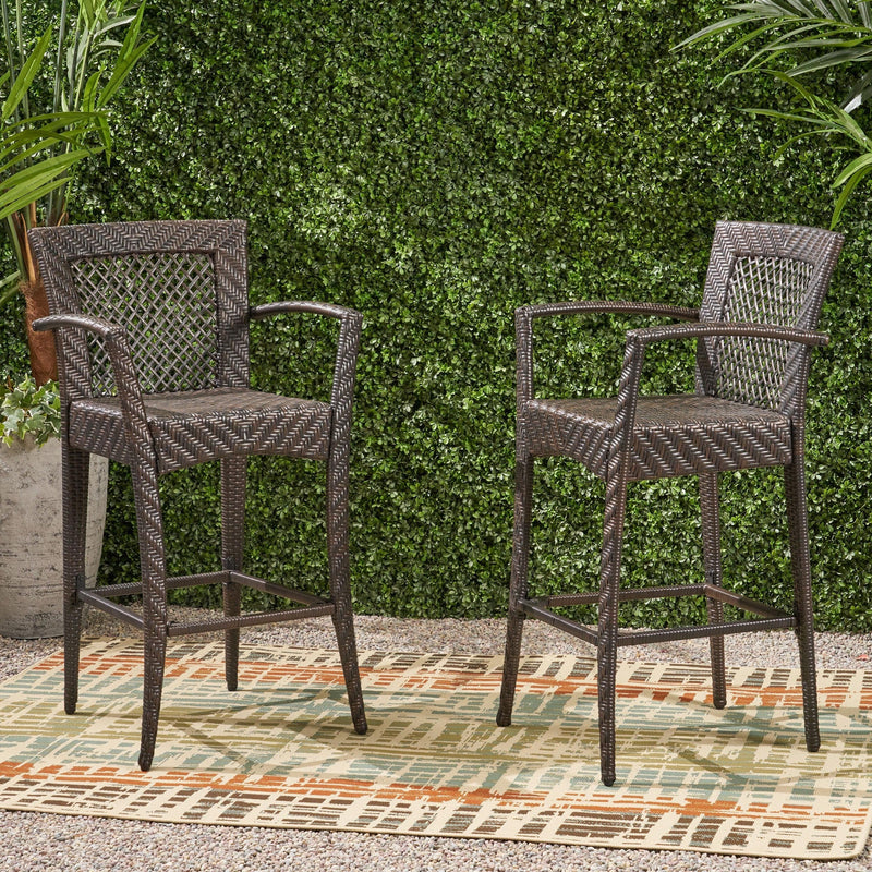 Walker Edison | Outdoor 46" Wicker Barstool (Set of 2), Multi Brown Finish