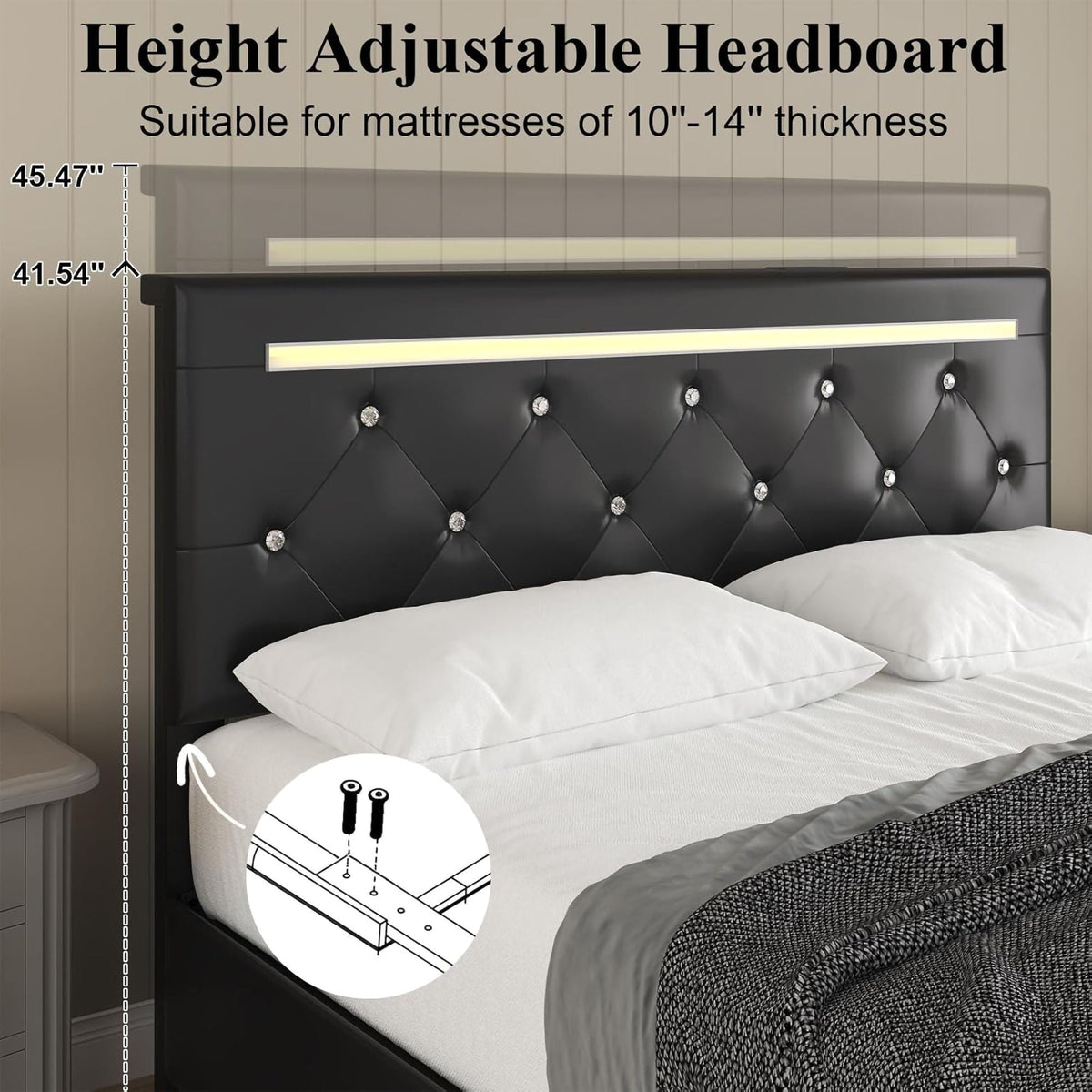 Upholstered Bed Frame With LED Lights, 4 Storage Drawers, Charging Station, photo 9 of 31