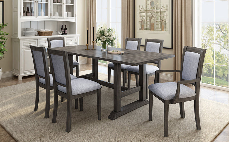 7-Piece Updated 76.9inch Extendable Trestle Dining Table Set with Removable Leaf, Kitchen Table Set with Upholstered Side Chair and Arm Chair, Set of 6, Grey
