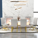 7-Piece Modern Dining Table Set, Rectangular Marble Texture Kitchen Table and 6 PU leather Chairs with X-Shaped Gold Steel Pipe Legs for Dining Room (White)