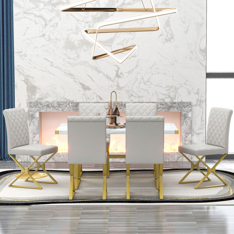 7-Piece Modern Dining Table Set, Rectangular Marble Texture Kitchen Table and 6 PU leather Chairs with X-Shaped Gold Steel Pipe Legs for Dining Room (White)