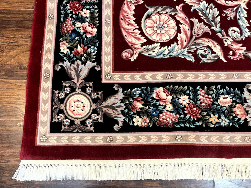 Chinese Aubusson Rug 9x12, Burgundy, Handmade Vintage Wool Carpet, Fine 210 KPSI, Elegant European Design