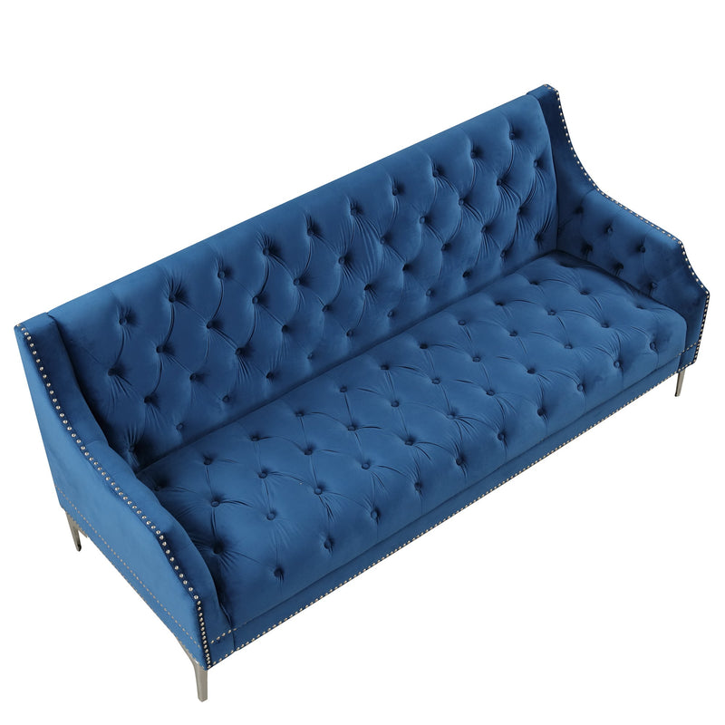 78" Modern Sofa Dutch Plush Upholstered Sofa with Metal Legs, Button Tufted Back Blue