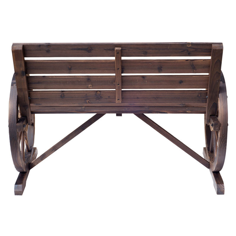 41" Wooden Wagon Wheel Bench, Rustic Outdoor Patio Weather Resistance Furniture, 2-Person Slatted Seat Bench with Backrest, Carbonized