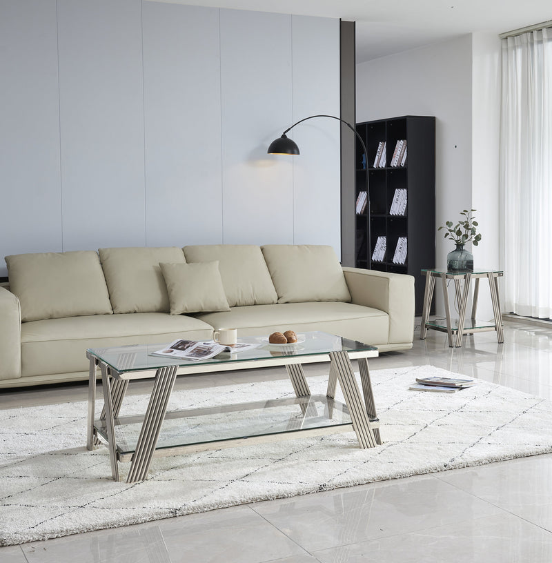 Modern Stainless Steel Coffee Table Set (Set of 2), Double-Layer Clear Tempered Glass Table Top, Coffee Table & End Side Table 2-Pieces Sets for Living Room Home Office, Silver