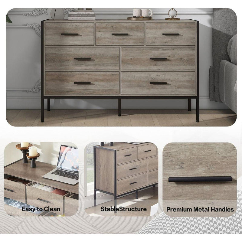 Wood Dresser with 7 Drawers, Wooden Storage Closet for Bedroom, Solid Clothes Cabinet with Sturdy Steel Frame, 48.58"Wx15.75"Dx31.22"H, 48 inch, Rustic Grey