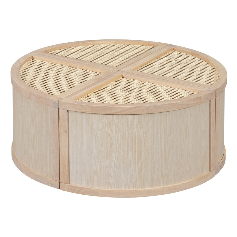 Walker Edison - Round to Square Block Modular Coffee Table Light Natural Rattan with Storage 4 Piece