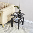 2-Piece Tempered Black Glass Sofa Table, Black Noghtstand with Metal Leg for Living Room