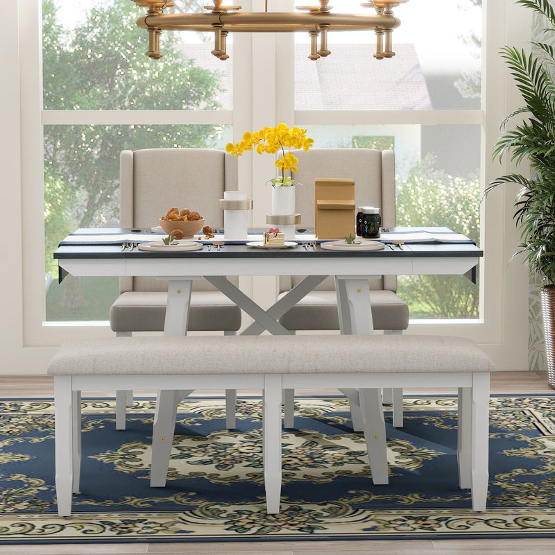 6-Piece Classic Dining Table Set, Rectangular Extendable Dining Table with two 12"W Removable Leaves and 4 Upholstered Chairs & 1 Bench for Dining Room (Gray+White)