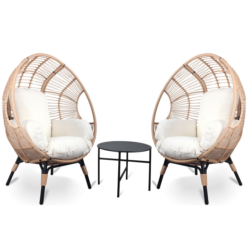 3 Pieces Patio Egg Chairs (Model 2) with Side Table Set,Natural Color PE Rattan and Beige Cushion