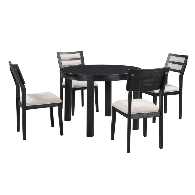 5-Piece Multifunctional Dining Table Set, Farmhouse Dining Set with Extendable Round Table,Two Small Drawers and 4 Upholstered Dining Chairs for Kitchen and Dining Room (Black)