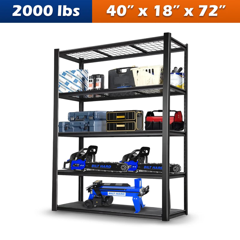 2000LBS Heavy Duty Garage Shelving, 40" W x 18" D x 72" H, Adjustable 5-Tier Storage Shelves, Industrial Metal Shelving Units, Steel Organizer Wire Rack, Black