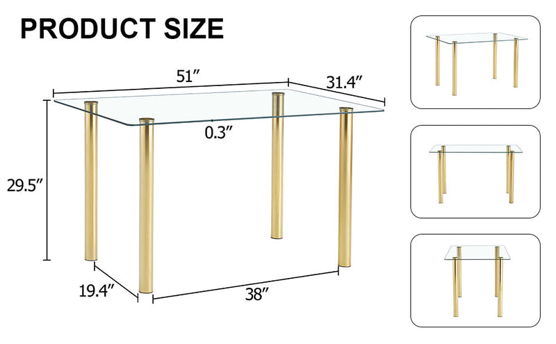A modern minimalist style glass dining table. Transparent tempered glass tabletop with a thickness of 0.3 feet and golden metal legs. Suitable for restaurants and living rooms. 51"x31.4"x29.5"