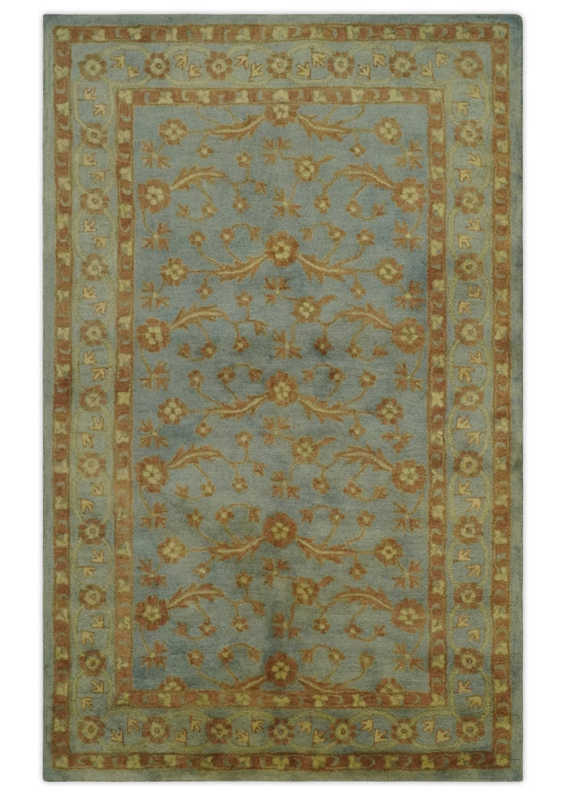 4.10x7.9 Silver, Rust and Beige Traditional Floral Hand Tufted Wool Area Rug