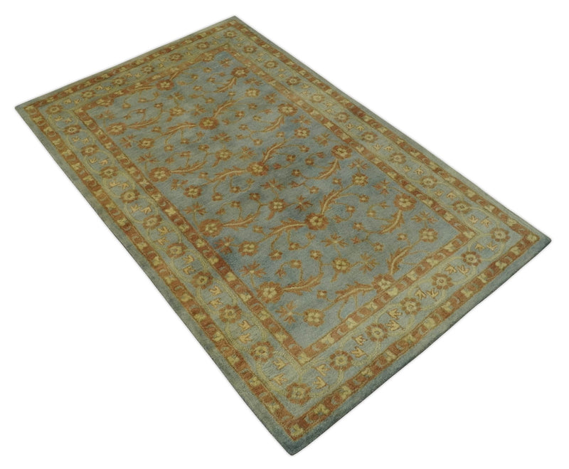 4.10x7.9 Silver, Rust and Beige Traditional Floral Hand Tufted Wool Area Rug