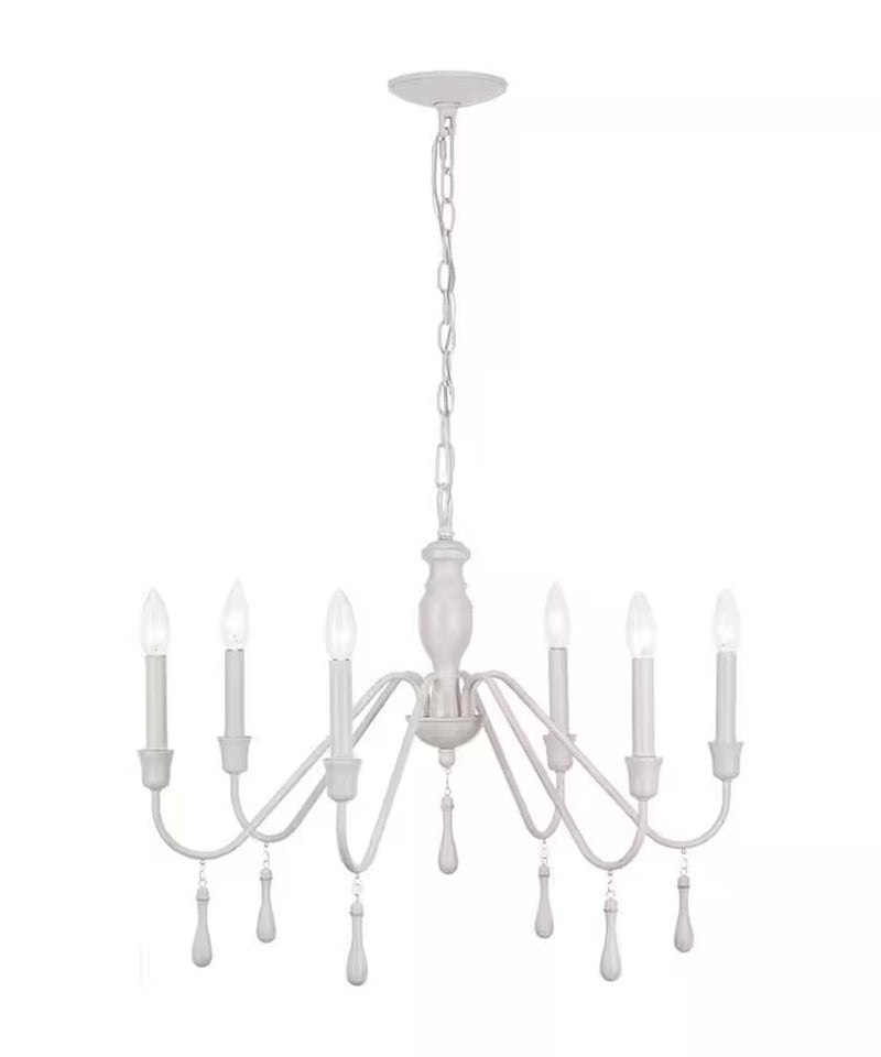 Alsy 26"W 6-Light Distressed-White Beaded Modern Farmhouse Cottage Chandelier