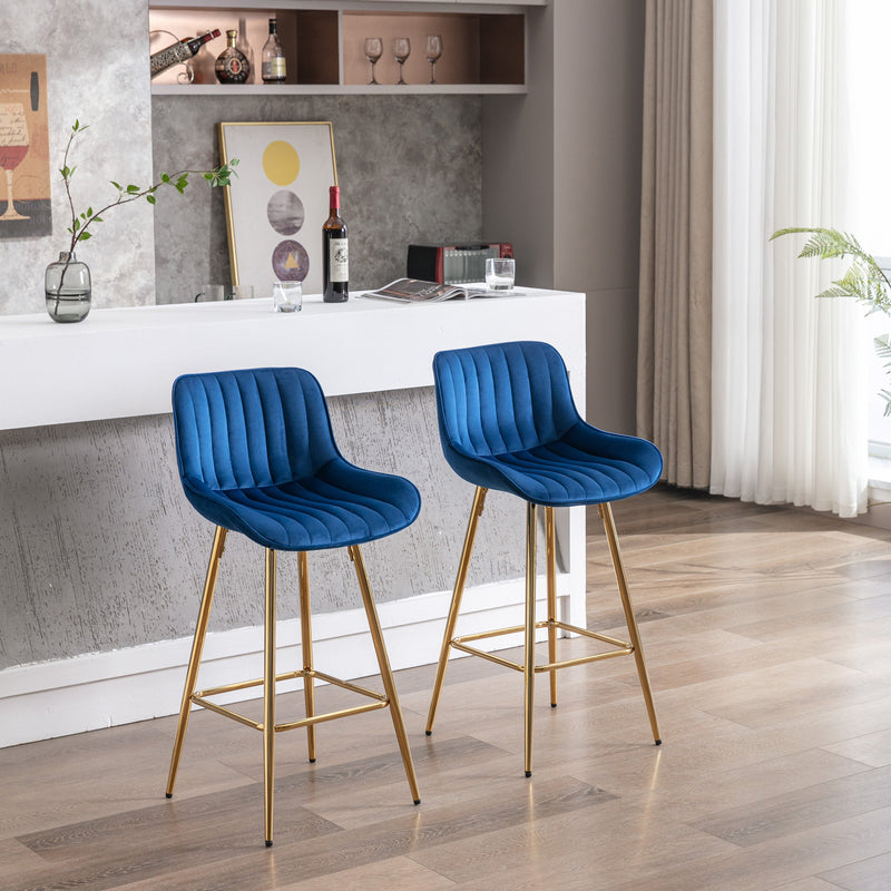 26 Inch Set of 2 Bar Stools, with Steel Frame Footrest Velvet Fabric Golden Leg Simple Bar Stool, BLUE