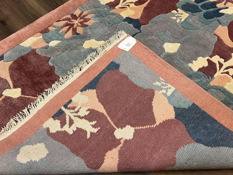 Modern Tibetan Rug 5.7 x 7.9, Abstract Multicolor Flower Pattern, Navy Blue Maroon Salmon, Soft Wool, Hand Knotted Contemporary Carpet 6x8
