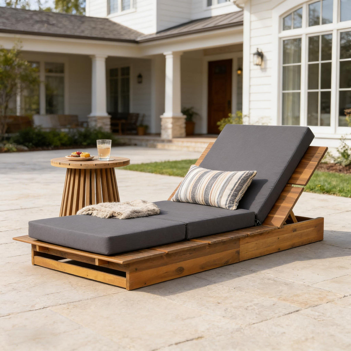 Acacia Wood Chaise Lounge with 4" Thick 3-Fold, photo 2 of 10