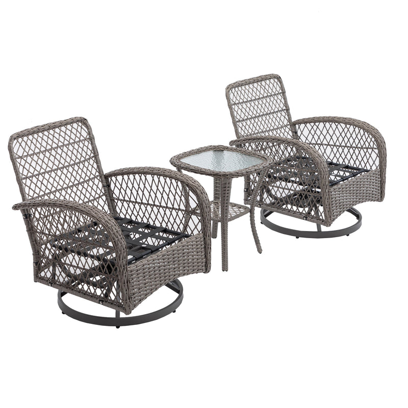 3 Pieces Outdoor Swivel Rocker Patio Chairs, 360 Degree Rocking Patio Conversation Set with Thickened Cushions and Glass Coffee Table for Backyard, Grey