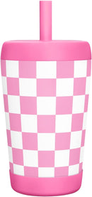 Kid Insulated Stainless Steel Tumbler with Silicone Straw, 12oz Sippy Cup for Kids (Pink Checkerboard) by TinyTreasures Baby Boutique