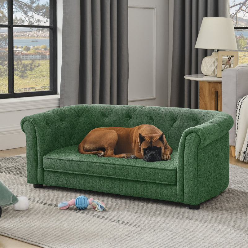 Contemporary Pet Sofa with Arc-Shaped Backrest and Armrests, Breathable Linen, Soft Cushion, Green, 38'x22'x15'