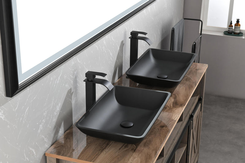 14.38" L -22.25" W -4-3/8 in. H Matte Shell Glass Rectangular Vessel Bathroom Sink in Black with Faucet and Pop-Up Drain in Matte Black
