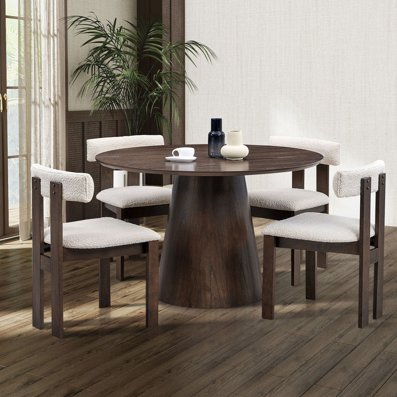 (1 Table with 4 Chairs)Wooden Dining Table Set, Modern Round MDF Kitchen Table and Boucle Upholstered Dining Chairs for Dining Room, Kitchen, Saving Space, Brown