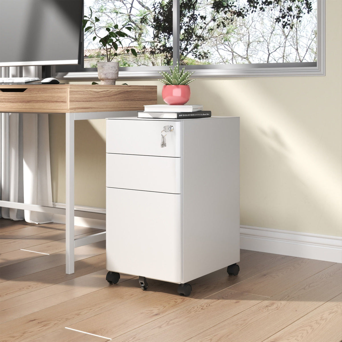 3-Drawer Mobile File Cabinet With Lock, On Wheels - White, photo 3 of 4