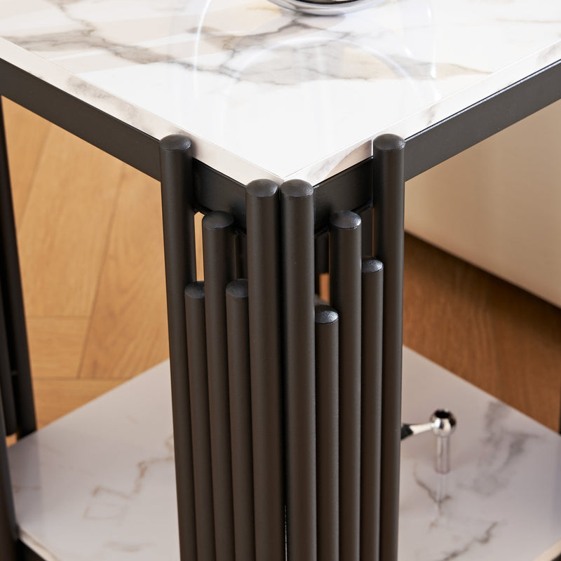 2-Tier Side Table, Faur Marbling End Table, Narrow Side Table with Storage Shelves, Modern Design Beside Table, Wood Nightstand for Living Room, Bedroom, and Office, Easy to Assembly, Black