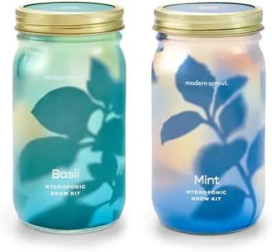 Modern Sprout Mason Garden Jar - Self-Watering Hydroponics Growing System Kit with Organic Herb Seeds - Jar Planter for Indoor Herb Garden - Seed Starter Kit - Home Decor & Gifting - Basil+Mint
