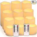 Flameless Battery Operated Outdoor Waterproof Set of 12(D: 3" x H: 3" 4" 5" 6") Pillar LED Candles with 10-Key Remote and Cycling 24 Hours Timer by CozyNest Decor