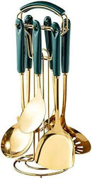 Generic Stainless Steel Kitchen Utensil Set, Spoon, Spatula, Pasta Server, Small Spatula (Green & Gold) by CozyNest Decor
