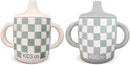 Silicone Sippy Cups with Easy Grip Transition Handles and a Soft Spout. A Non Txoic No Spill Unbreakable Training Cup. 150ml/5oz |2-PACK Sandy Shore & Green Checkers| by TinyTreasures Baby Boutique