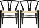 Wishbone Chair Natural Solid Wood Dining Chair/Hans Wegner Y Chair Rattan and Wood Accent Armrest Chairs Set of 2 (Ash Wood - Black + Natural Cord) by CozyNest Decor