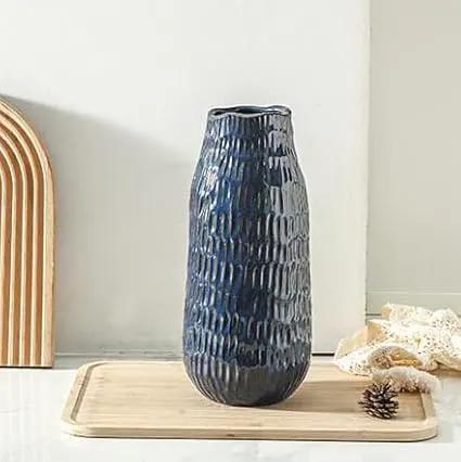 Blue Ceramic Vase for Home Decor, 12.6 Inch Tall Flower Vase with Modern Textured Finish,Decorative Floor Vase for Pampas Grass, Entryway, Living Room, Dining Table, Farmhouse or Office, photo 7 of 8