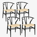 Wishbone Chair Natural Solid Wood Dining Chair/Hans Wegner Y Chair Rattan and Wood Accent Armrest Chairs - Ash Wood Chairs Set of 4 (Ash Wood - Black + Natural Color) by CozyNest Decor