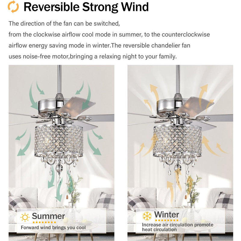 52'' Classical Crystal Ceiling Fan Lamp  3 Speed Hand Pull Chain (High, Mid, Low), 5 Reversible Blades for Living Room, Dining Room, Bedroom, Family Room, Chrome  ,3PCS*E12  (NO Include Bulb )