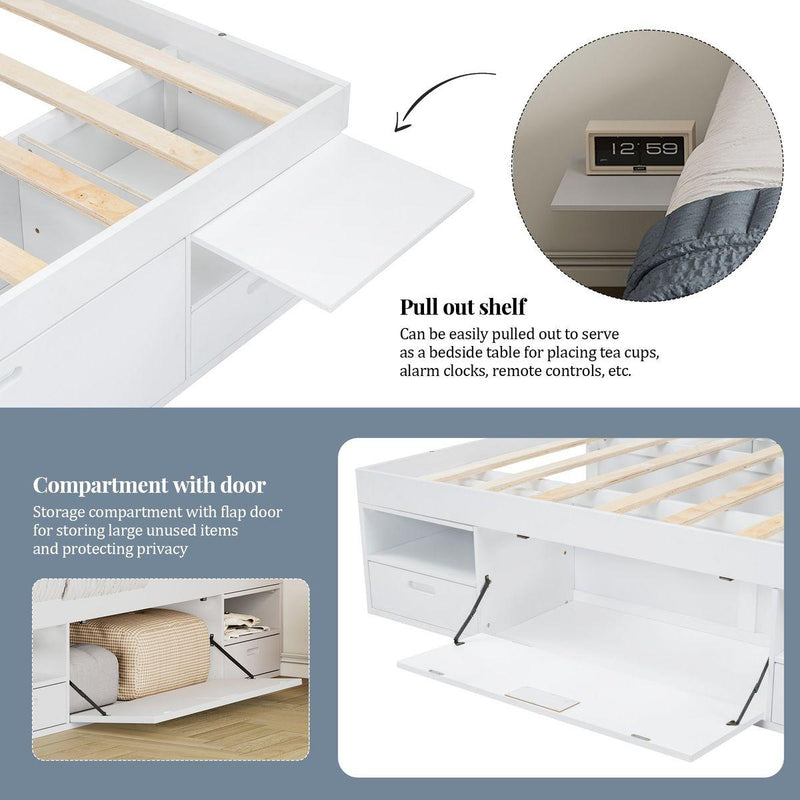 Storage Platform Bed Frame with Multiple Drawers and Shelves No Box Spring Needed, Queen Size,White