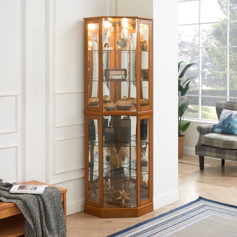 6 Shelf Corner Curio Display Cabinet with Lights, Mirrors and Adjustable Shelves, Oak