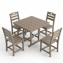 Antique Wood Color HDPE 5-Piece Outdoor Patio Dining Set with Square Table and 4 Armless Chairs, Umbrella Hole by HouseOfZazla