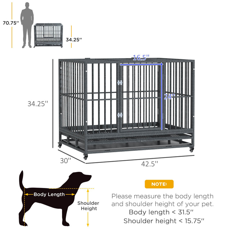 43" Heavy Duty Dog Crate Metal Cage Kennel with Lockable Wheels, Double Door and Removable Tray, Grey