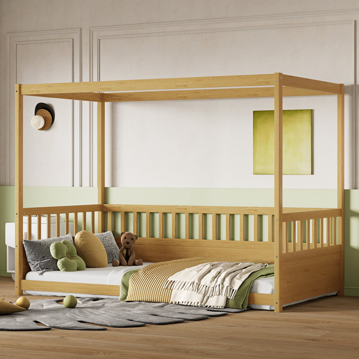 Twin Size Canopy Bed Frame with Guardrails for Kids, photo 3 of 9