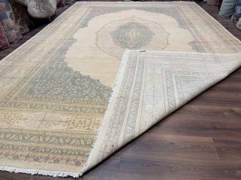 Palace Size Pak Persian Rug 12x18, Haji Jalili Design, Pakistani Carpet, Oat and Light Blue, Fine 260 KPSI