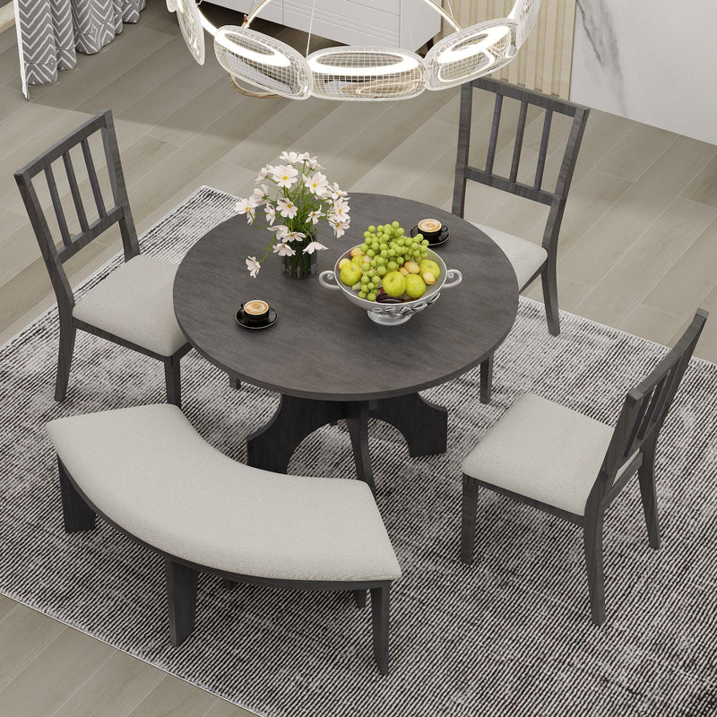 5-Piece Dining Table Set, 44" Round Dining Table with Curved Bench & Side Chairs for 4-5 People for Dining Room and Kitchen (Grey)