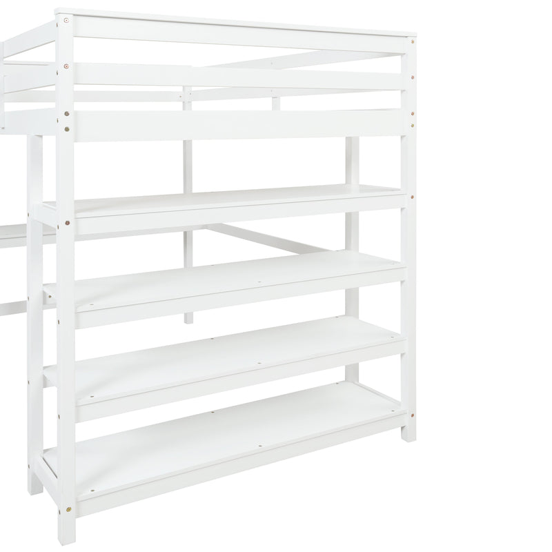 Loft Bed Full with desk,ladder,shelves, White