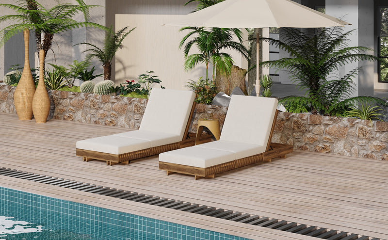Outdoor Chaise Lounge Chair with 6-Position Adjustable Backrest,Acacia solid wood,TEAK COLOR