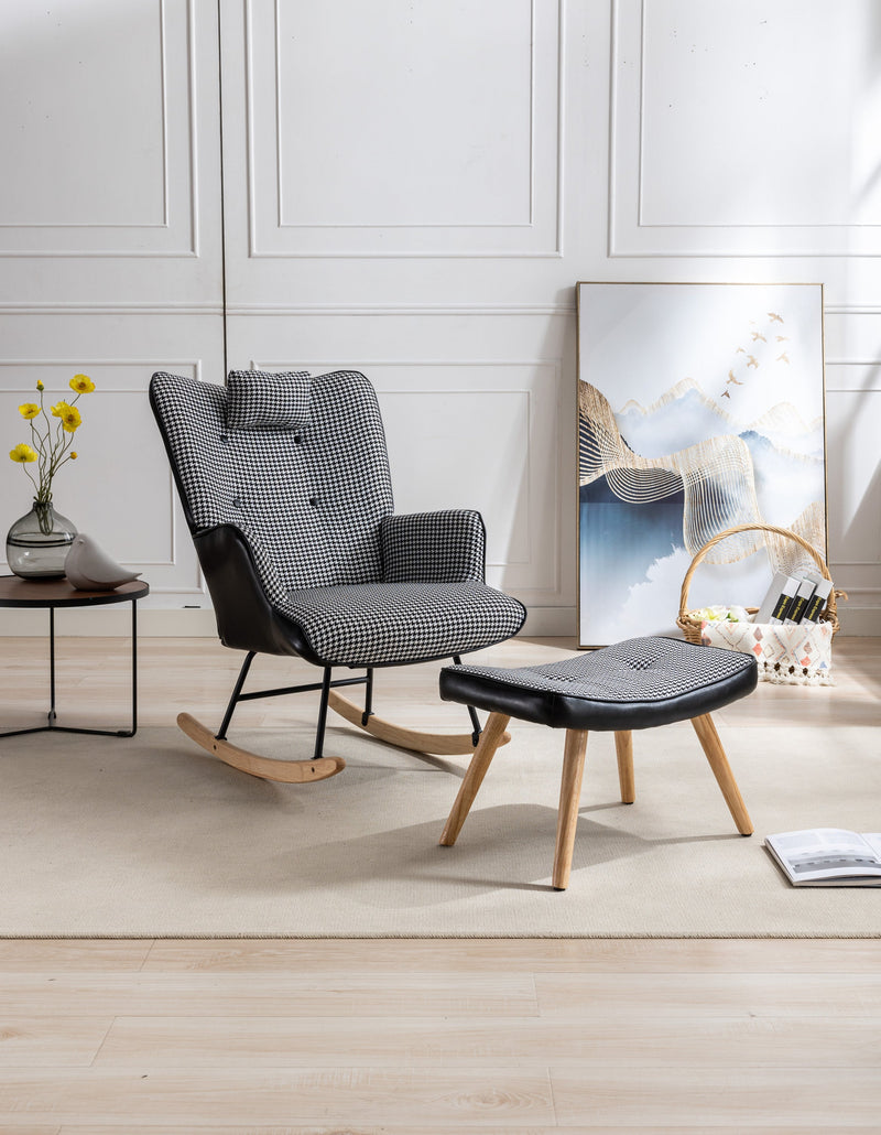 35.5 inch Rocking Chair with Footrest, Soft Houndstooth Fabric Leather Fabric Rocking Chair for Nursery, Comfy Wingback Glider Rocker with Safe Solid Wood Base for Living Room Bedroom Balcony (black)